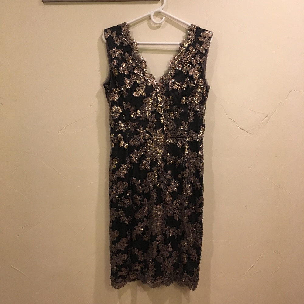 Gold Sequins Black Stretch Lace Cocktail Dress